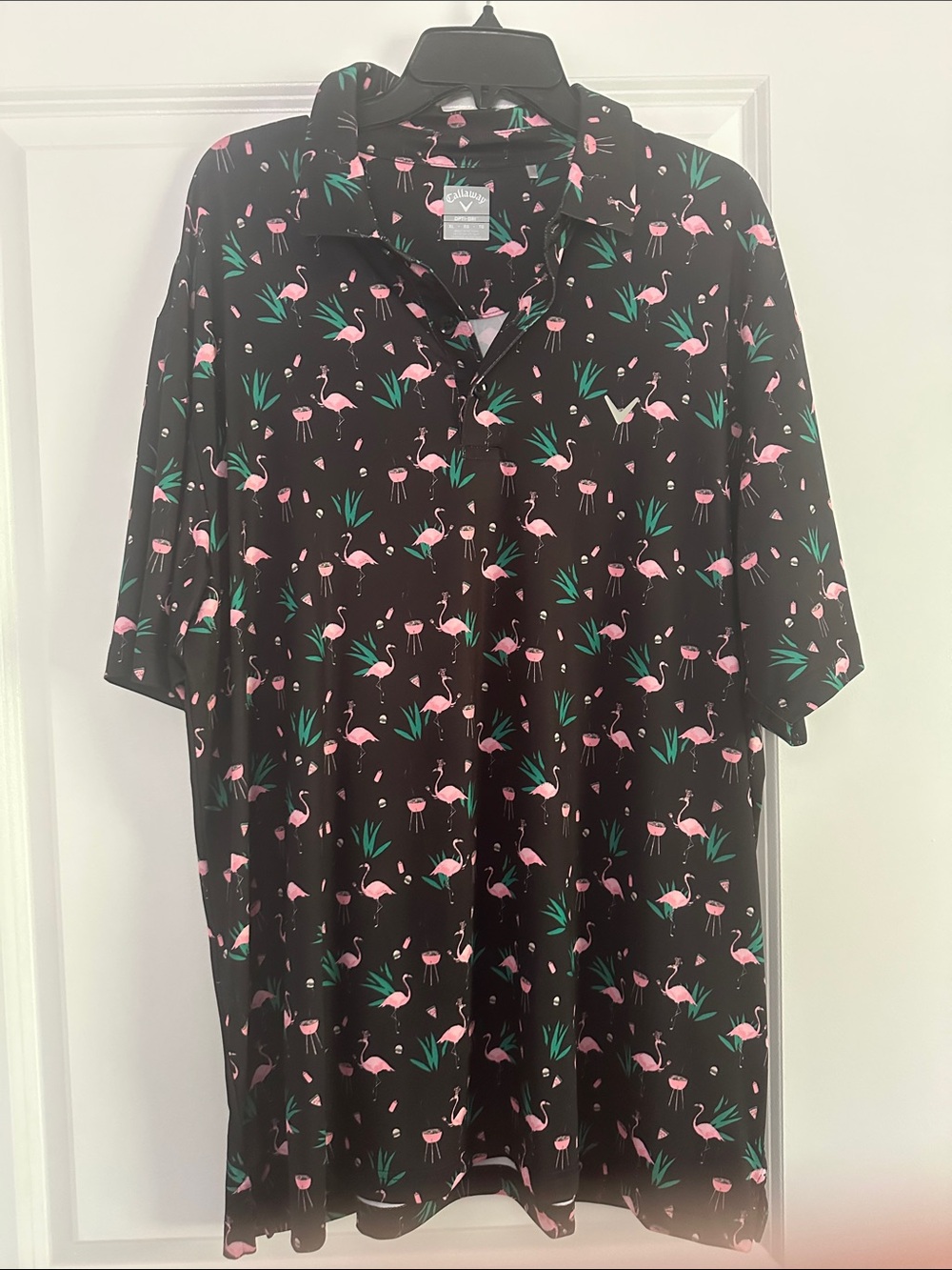Callaway Black Short-Sleeve Shirt with Pink Flamingo Print